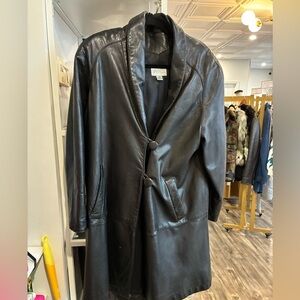 VAKKO vintage Black Leather trench Coat with Button Closure size XS